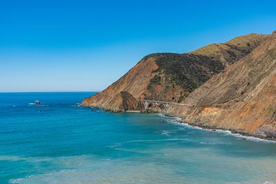 Scenic view of sea against clear blue sky