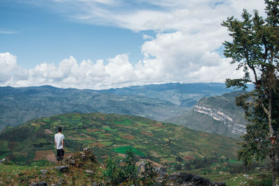 Rear view of man standing on landscape against sky