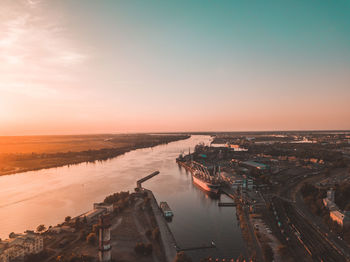 High angle view of sea against sky during sunset