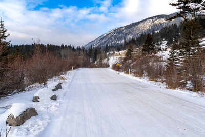 Snow covered road by trees against sky