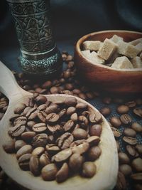 High angle view of coffee beans on table