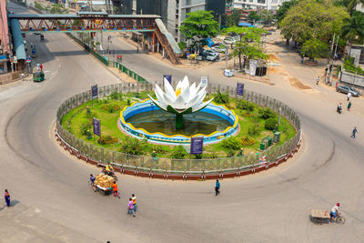 High angle view of people on road in city