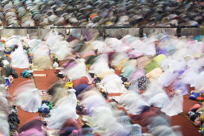 High angle view of people on street