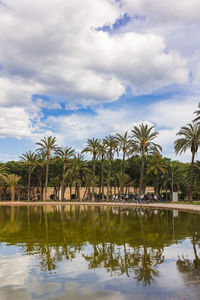 Scenic view of lake by trees against sky