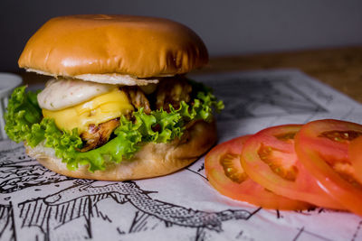 Close-up of burger in plate on table