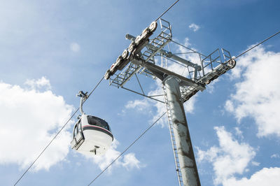 Low angle view of overhead cable car against sky