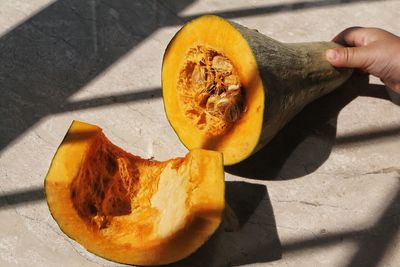 High angle view of orange pumpkin on table