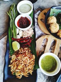 High angle view of meal served on table