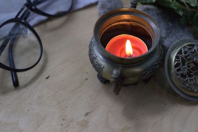 High angle view of illuminated tea on table