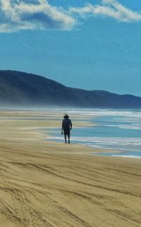 Rear view of man looking at sea against sky