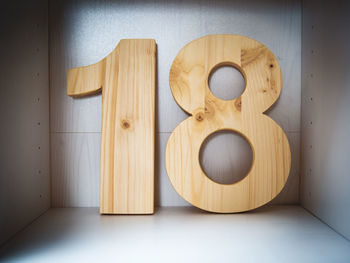 Close-up of wooded number against wall