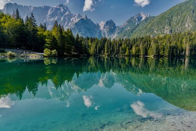 Scenic view of lake and mountains against sky