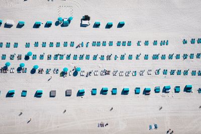 Aerial view of sun loungers on beach
