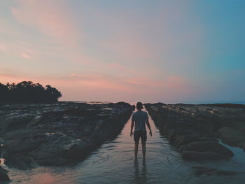 Rear view of man standing on beach during sunset