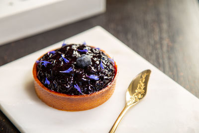 High angle view of dessert in plate on table