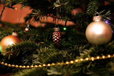 Close-up of illuminated christmas tree at night