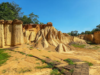 Rock formations on landscape against clear blue sky