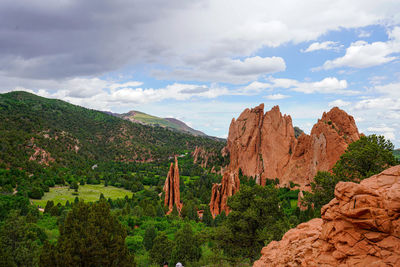 Rock formations on landscape against cloudy sky