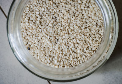 High angle view of bread in bowl on table