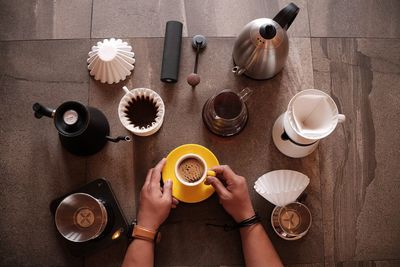 High angle view of coffee on table