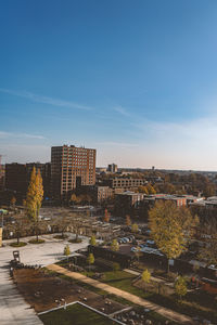 High angle view of buildings against sky