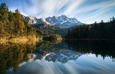 Scenic view of lake and mountains against sky