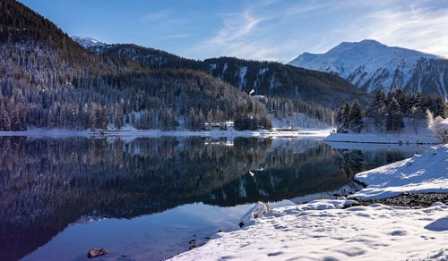 Scenic view of lake by snowcapped mountains against sky