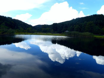 Scenic view of lake and mountains against sky