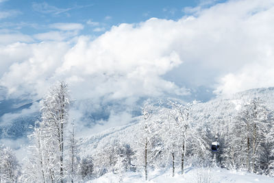 Low angle view of snow covered landscape against sky