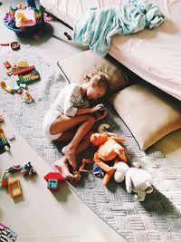 High angle view of stuffed toy on bed at home