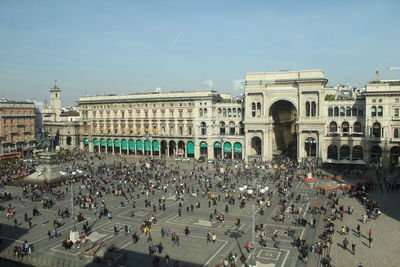 High angle view of people on street against buildings