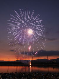 Firework display over lake against sky at night