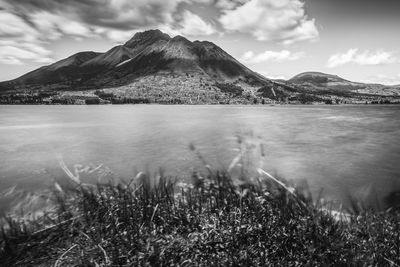 Scenic view of lake and mountains against sky