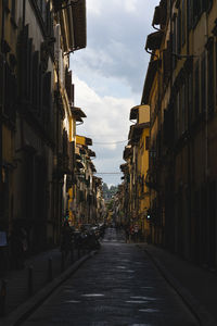 Empty road amidst buildings in city against sky