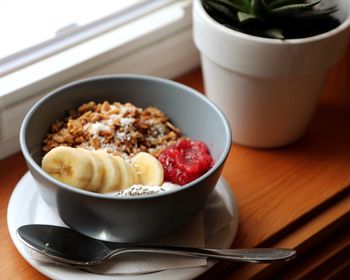 High angle view of breakfast served on table