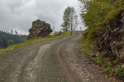 Dirt road along plants and trees against sky