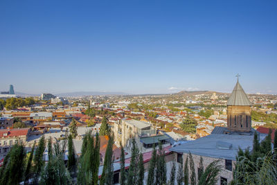 High angle view of townscape against sky in city