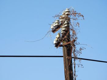 Low angle view of bird perching on cable against clear sky