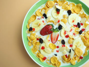 High angle view of breakfast on table