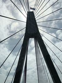 Low angle view of suspension bridge against cloudy sky