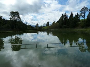 Reflection of trees in lake against sky