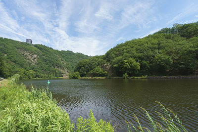 Scenic view of lake by trees against sky