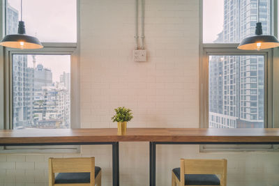 Potted plant on table by window of building
