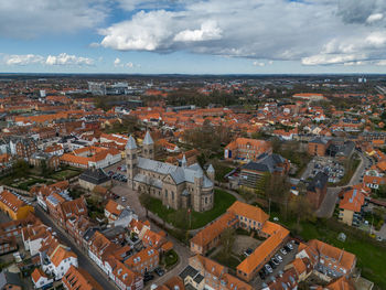 High angle view of townscape against sky