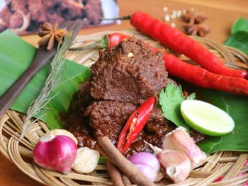 Close-up of rendang beef on table
