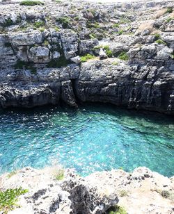 High angle view of rocks by sea