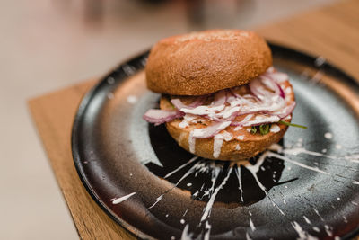 Close-up of burger in plate