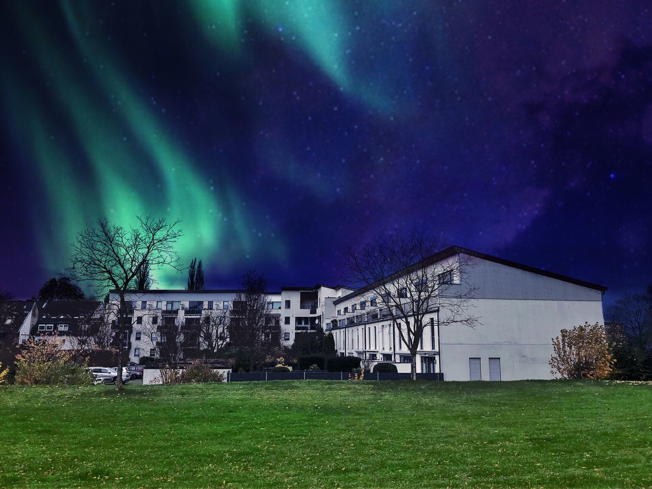 night, green color, built structure, building exterior, architecture, sky, grass, star - space, tree, astronomy, outdoors, no people, nature, beauty in nature, aurora polaris, scenics, illuminated, galaxy