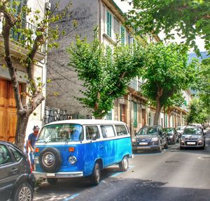 Cars on street by trees against blue sky