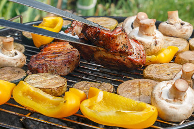 High angle view of food on barbecue grill